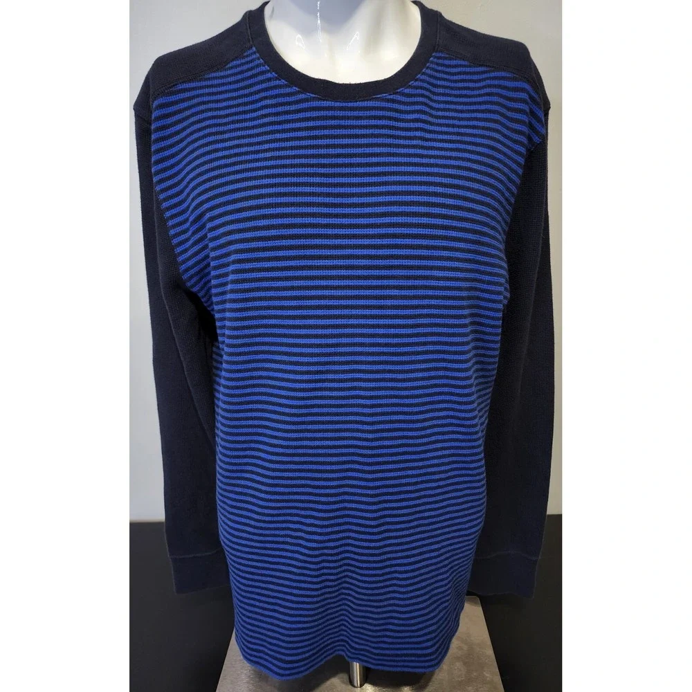 Banana Republic Men Waffle Size XL Shirt Black Blue Stripe Crew Neck Longsleeve